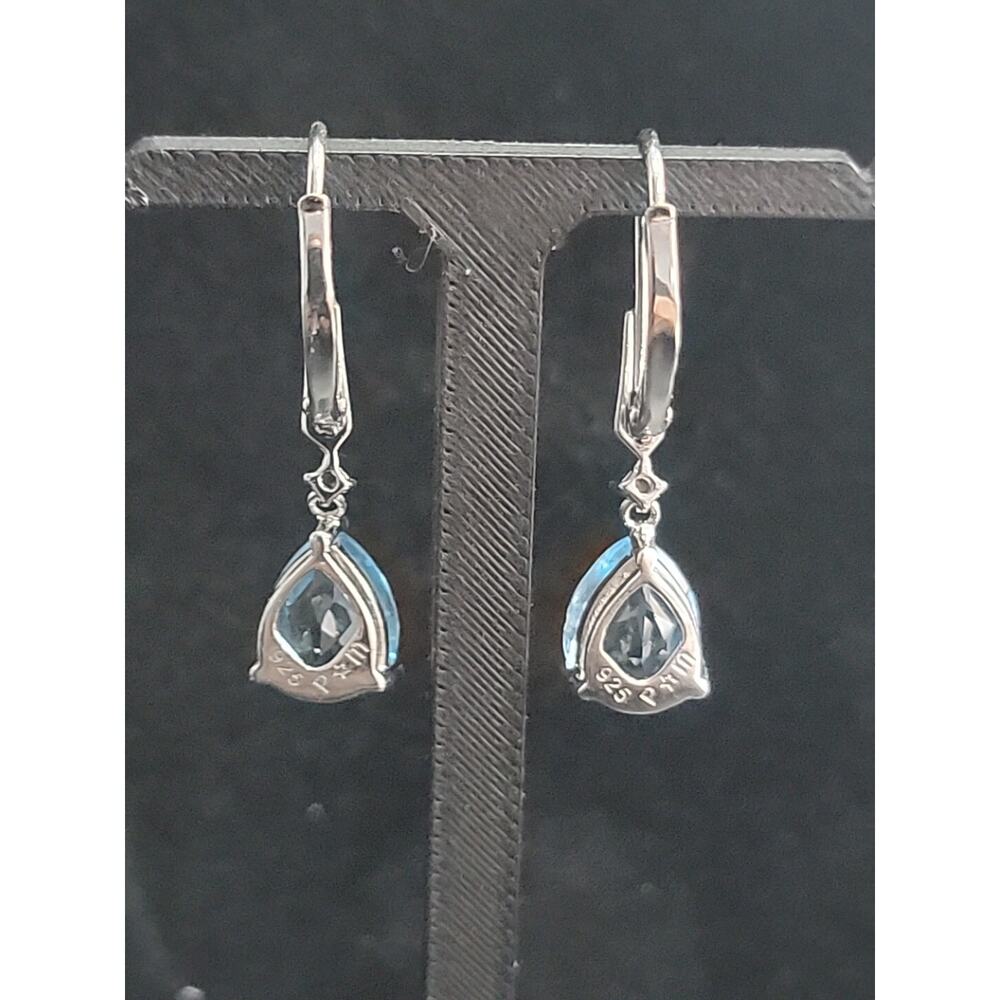 925 Sterling Silver P Star M 3Ct Pear‎ Blue Topaz & Diamond Accent Drop Earrings - Picture 2 of 3